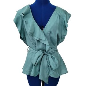 LOVE 21 teal belted ruffle silk wrap blouse